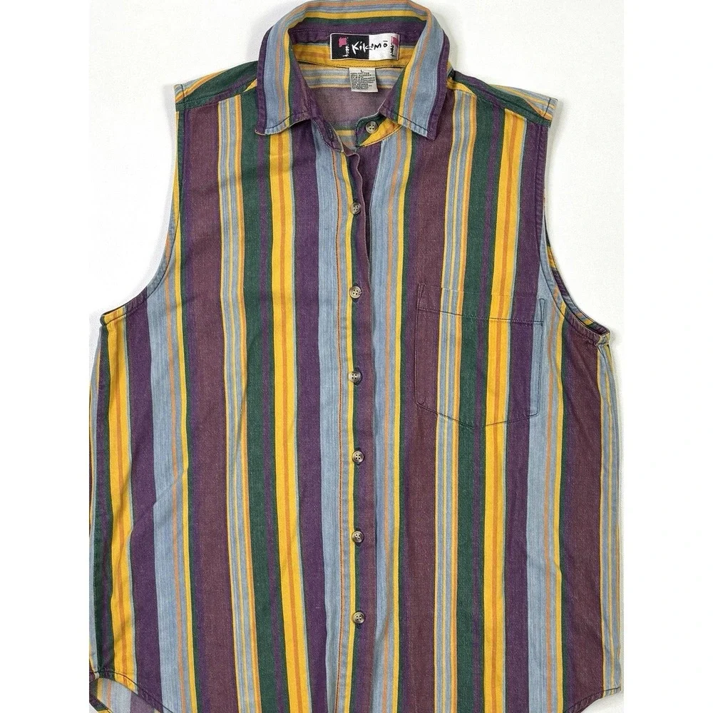 Vintage Kikomo Sleeveless Shirt Women's Large Button Up Striped Purple Orange - Picture 7 of 8